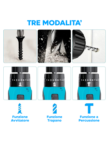 Trapano Avvitatore a Batteria 12V con Doppia Batteria Ricaricabile e Luce LED