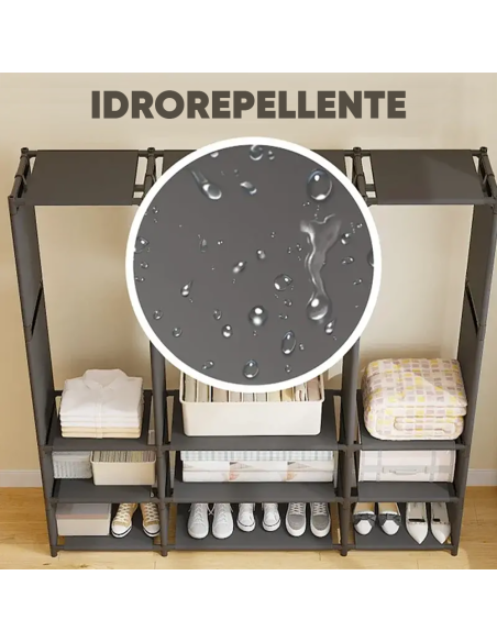 Armadio Guardaroba in Tessuto Scaffale Campeggio 9 Ripiani Staffe Appendiabiti