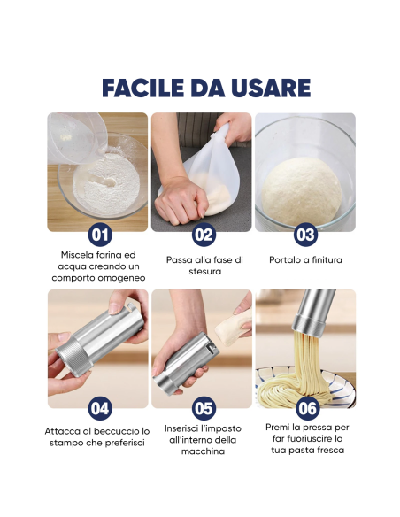 Macchina Portatile per Pasta Fresca Elettrica Cordless in Acciaio Inox 5 Stampi