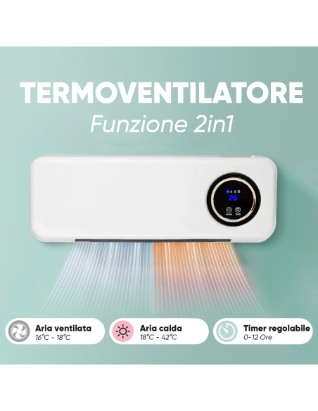 Termoventilatore a Parete Stufa Elettrica 2000W Telecomando Display LCD e Timer