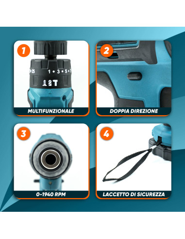 Trapano Avvitatore Doppia Batteria 21V...