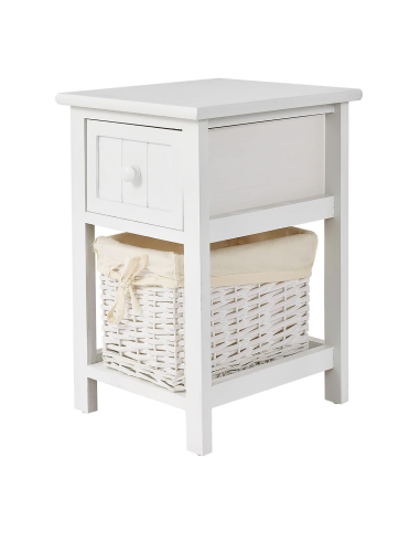 Image of Comodino in Legno Bianco Shabby Chic Cestino in Vimini Estraibile con Cassetto052