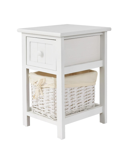 Comodino in Legno Bianco Shabby Chic Cestino in Vimini Estraibile con Cassetto
