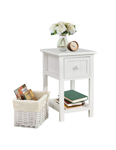 Comodino in Legno Bianco Shabby Chic Cestino in...