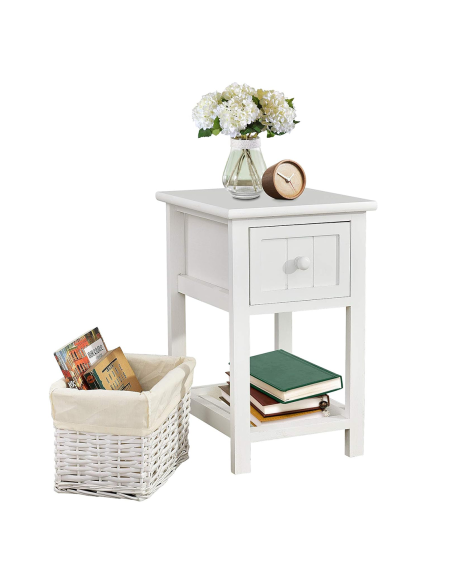 Comodino in Legno Bianco Shabby Chic Cestino in Vimini Estraibile con Cassetto
