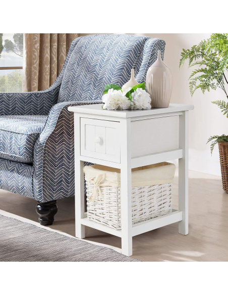 Comodino in Legno Bianco Shabby Chic Cestino in Vimini Estraibile con Cassetto