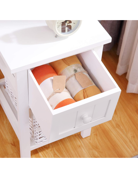 Comodino in Legno Bianco Shabby Chic Cestino in Vimini Estraibile con Cassetto