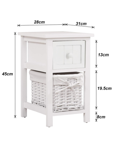 Comodino in Legno Bianco Shabby Chic Cestino in...