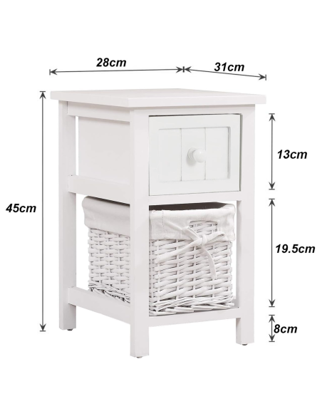 Comodino in Legno Bianco Shabby Chic Cestino in Vimini Estraibile con Cassetto