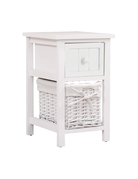 Comodino Legno Bianco Bombato Shabby Chic Cestino Vimini Estraibile con Cassetto