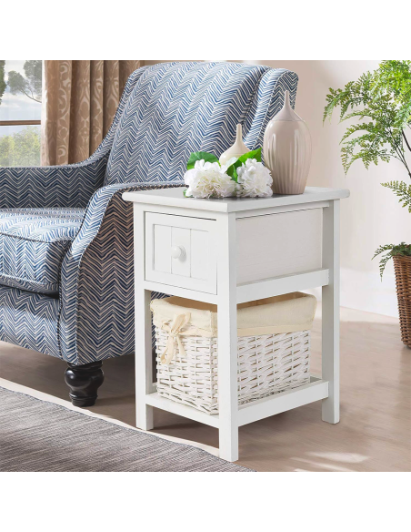 Comodino Legno Bianco Bombato Shabby Chic Cestino Vimini Estraibile con Cassetto