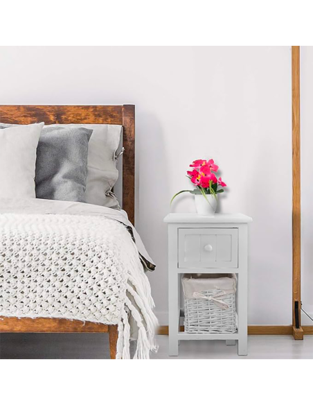 Comodino Legno Bianco Bombato Shabby Chic Cestino Vimini Estraibile con Cassetto