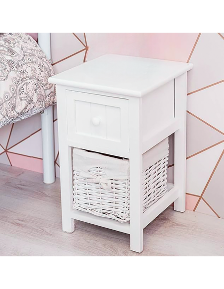 Comodino Legno Bianco Bombato Shabby Chic Cestino Vimini Estraibile con Cassetto