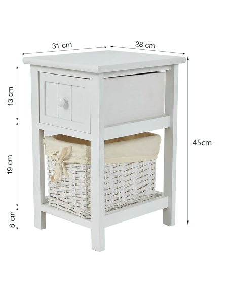 Comodino Legno Bianco Bombato Shabby Chic Cestino Vimini Estraibile con Cassetto