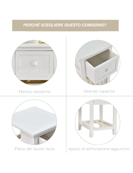 Comodino Legno Bianco Bombato Shabby Chic Cestino Vimini Estraibile con Cassetto