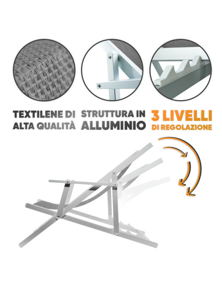 Sedia Sdraio Pieghevole Napoli con Braccioli Struttura Alluminio e Textilene