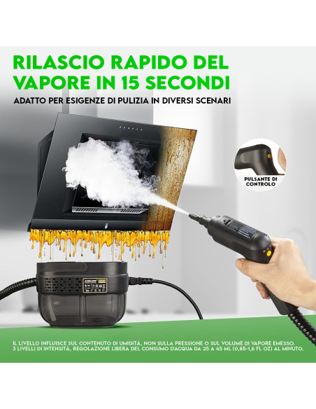 Pulitore a Vapore Portatile Multiuso 1600ml Alta Pressione Uso Domestico e Auto