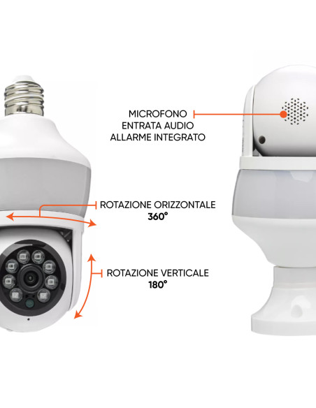 Telecamera Lampadina Attacco E27 360° Wi-Fi Visione Notturna Controllo da Remoto