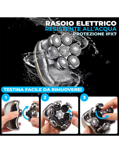 Rasoio Elettrico Uomo Ricaricabile Impermeabile Tagliacapelli e Barba 5 Testine