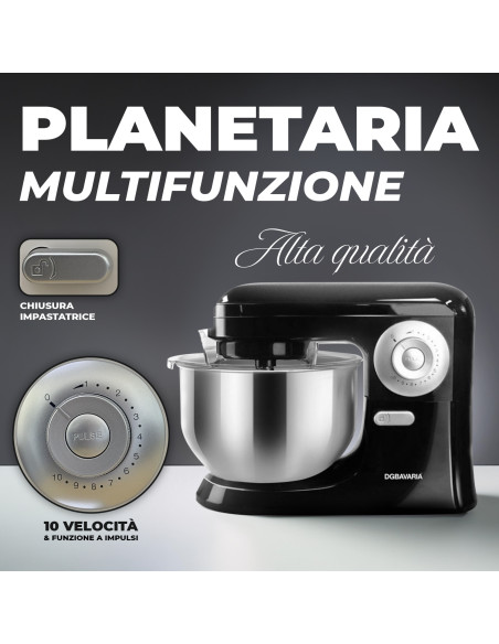 Impastatrice Planetaria DGBAVARIA 5L Acciaio Inox 6 Velocità 700W con Accessori