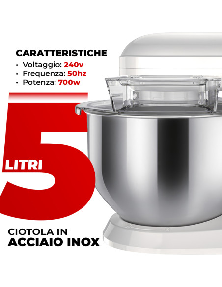 Impastatrice Planetaria DGBAVARIA 5L Acciaio Inox 6 Velocità 700W con Accessori