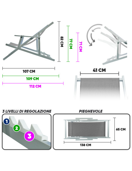 2pz Sedia Sdraio Pieghevole Napoli con Braccioli Struttura Alluminio e Textilene