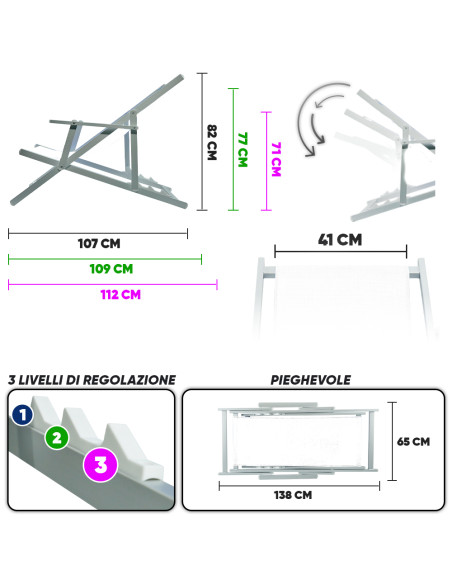 2pz Sedia Sdraio Pieghevole Napoli con Braccioli Struttura Alluminio e Textilene