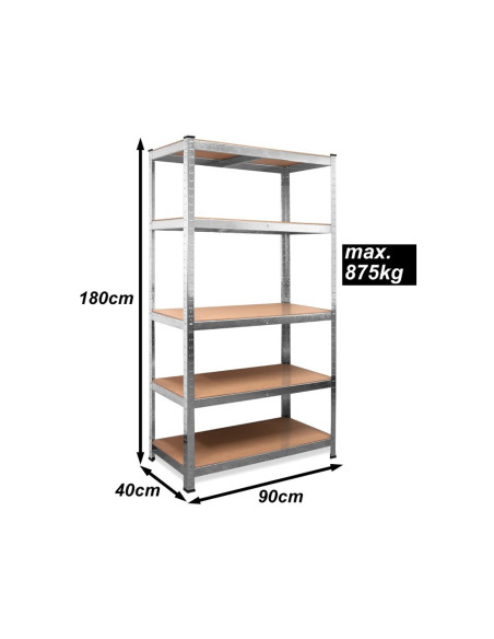 Scaffale 5 Ripiani in Metallo Ripiani MDF Modulare 180x90x40cm Portata 875Kg