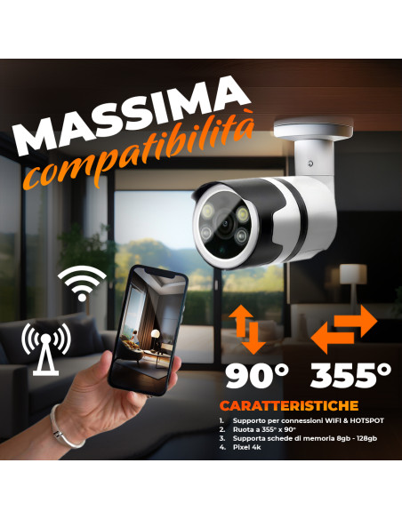 Telecamera di Sicurezza 4K Wi-Fi Sensore Movimento da Esterno Controllo Remoto