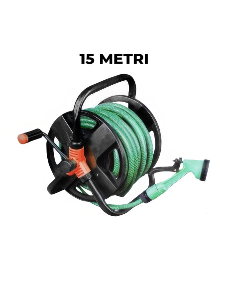 Avvolgitubo dell'Acqua da Giardino Manuale Tubo 15mt Pistola Spruzzo a 5 Getti