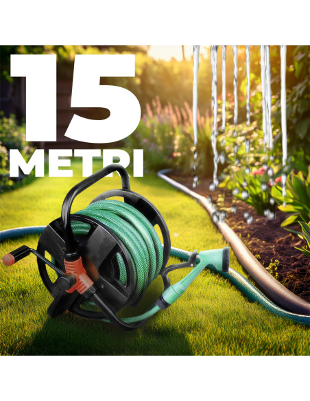 Avvolgitubo dell'Acqua da Giardino Manuale Tubo 15mt Pistola Spruzzo a 5 Getti
