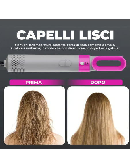 Asciugacapelli 5 in 1 con Cofanetto 1000W 5 Accessori Spazzola e Arricciacapelli