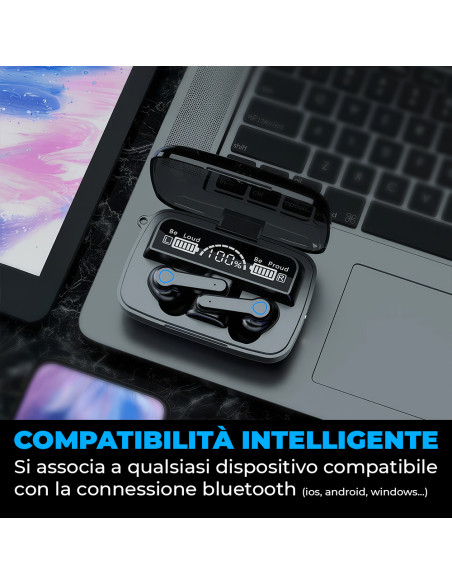 Auricolari Wireless Touch Cuffie Bluetooth 5.3 Microfono Display LED Senza Fili