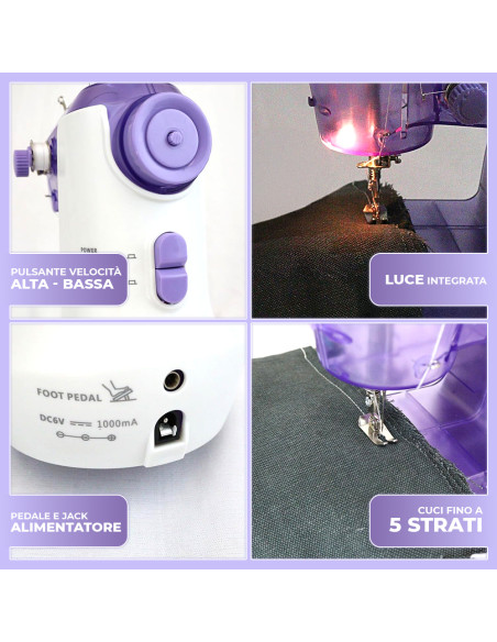 Mini Macchina da Cucire Elettrica a Pedale Design Portatile 7.2W Doppia Velocità