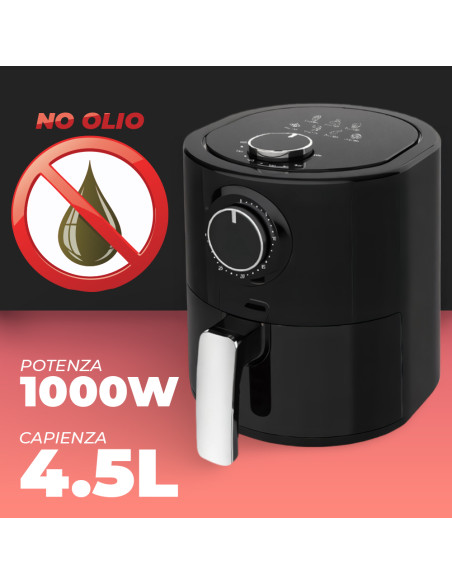 Friggitrice ad Aria 1000W capacità 4.5lt con Cestello Temperatura Regolabile