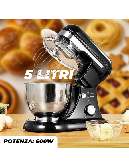 Impastatrice Planetaria 600W Robot Cucina Ciotola 5lt Sbattitore con Accessori