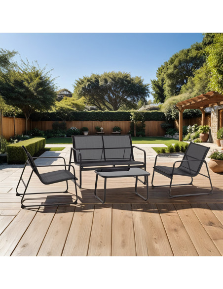 Set Giardino Zanzibar NERO Salotto 4pz da Esterno Divano 2 Poltrone e Tavolino