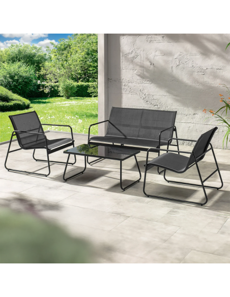 Set Giardino Zanzibar NERO Salotto 4pz da Esterno Divano 2 Poltrone e Tavolino