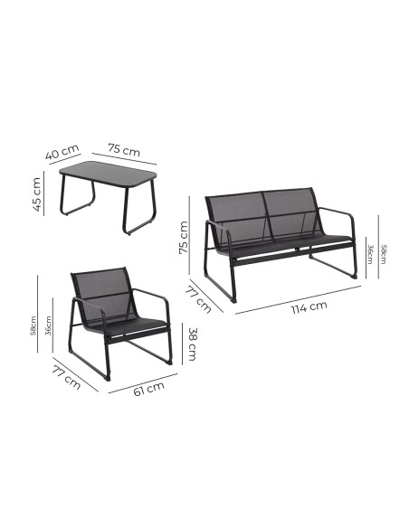 Set Giardino Zanzibar NERO Salotto 4pz da Esterno Divano 2 Poltrone e Tavolino