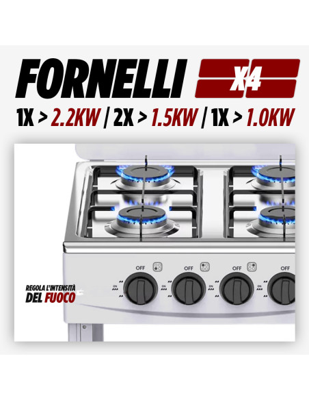 Fornello Gas Naturale Cucinotto Piano Cottura 4 Fuochi Lega Alluminio 2 Ripiani