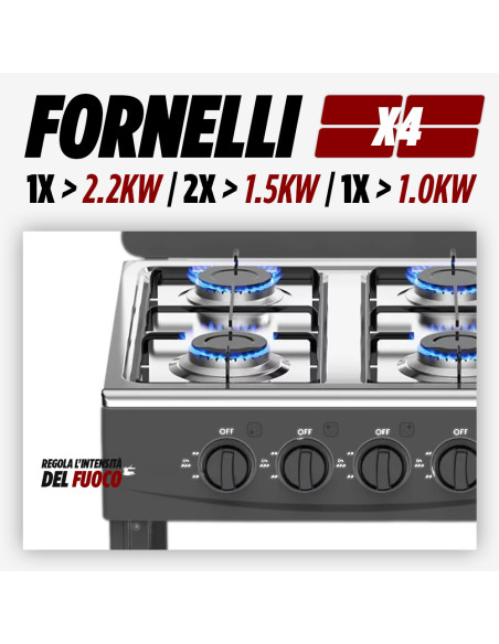 Fornello Gas Naturale Cucinotto Piano Cottura 4 Fuochi Lega Alluminio 2 Ripiani