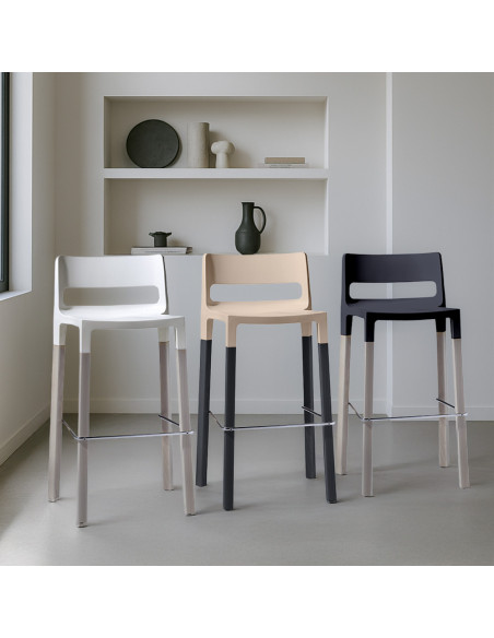 Set 4 Sgabelli NATURAL DIVO Tecnopolimero e Legno Seduta H75cm Design Moderno