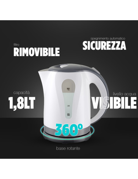 Bollitore Elettrico Cordless 1,8L 2200W Base Girevole e Spegnimento Automatico