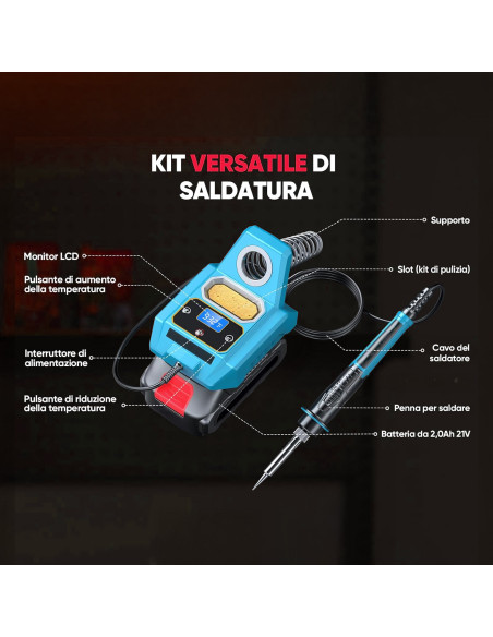 Saldatore Ricaricabile Batteria 20V Cordless Senza Fili Temperatura 500° Display