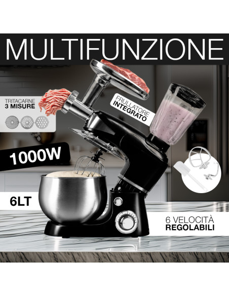 Impastatrice Planetaria Multifunzione 1000W con Tritacarne e Frullatore 6 Litri