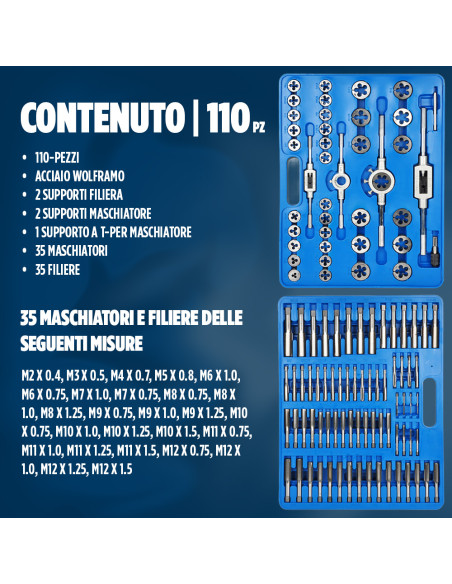 Valigetta 110pz Kit Maschi e Filiere Metriche Utensili Professionali in Acciaio