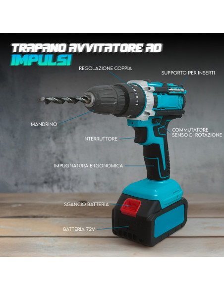 Kit Avvitatore Trapano Smerigliatrice Wireless Doppia Batteria 72V con Valigetta