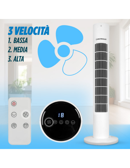 Ventilatore Dictrolux a Torre con Telecomando 3 Modalità Timer Display LED Touch