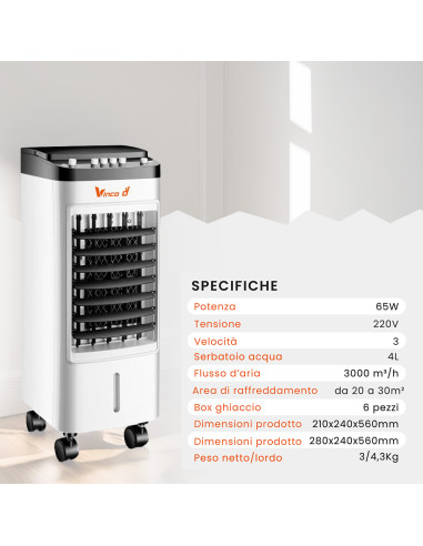 Raffrescatore Evaporativo Vinco 65W con 3...