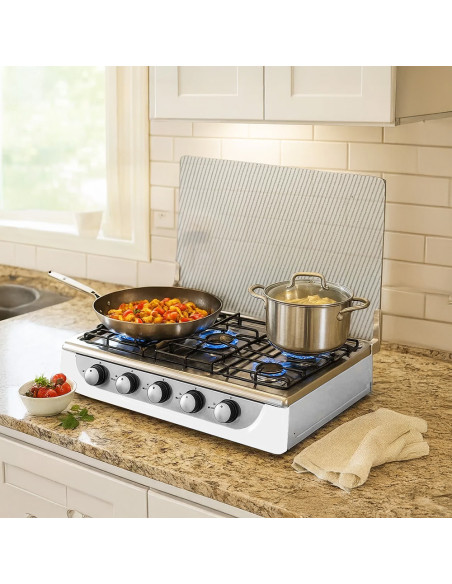 Fornello Gas Portatile 5 Fuochi Acciaio Coperchio Temperato Casa e Campeggio